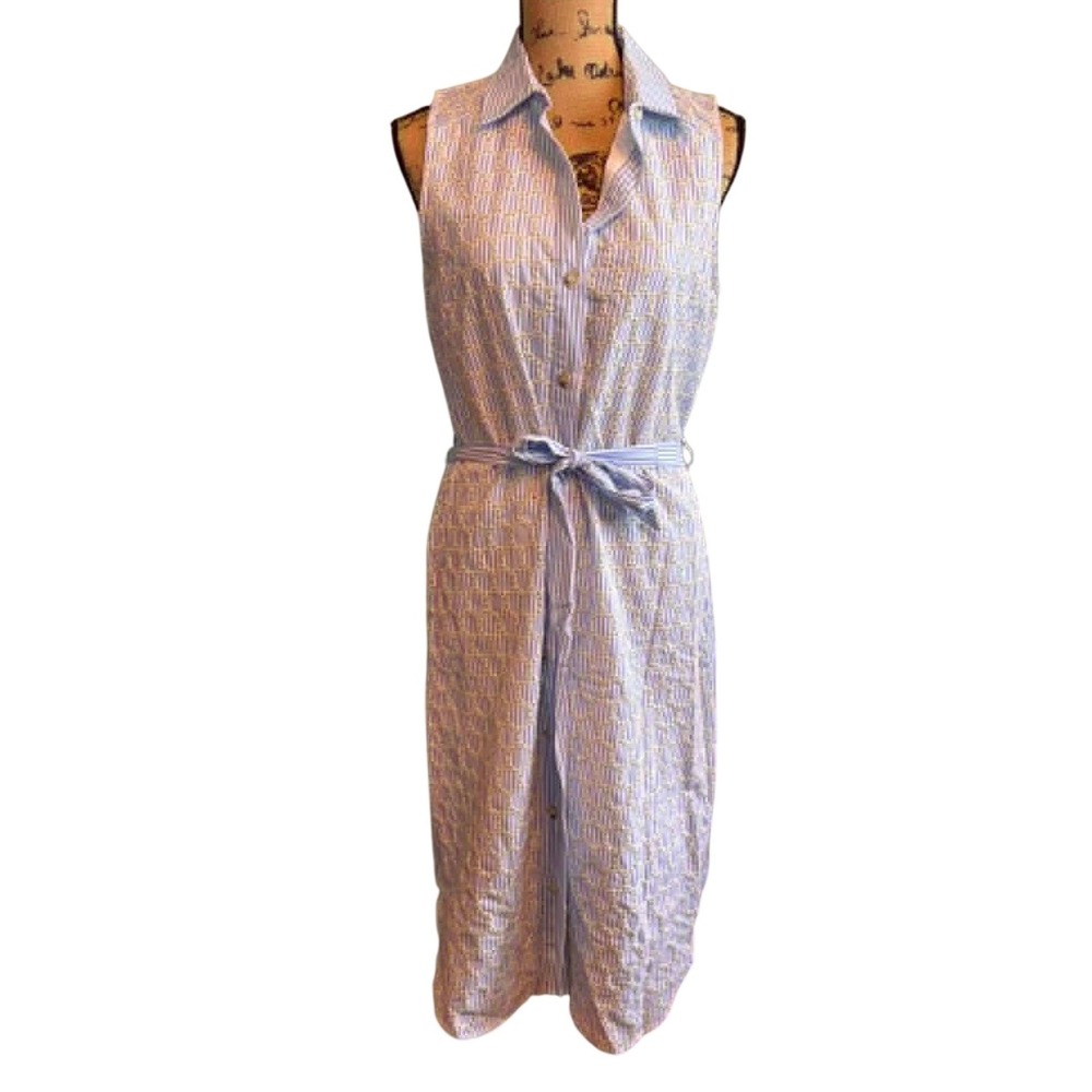 Mystree Womens Eyelet Striped Sleeveless Midi Shirt Dress Blue White Medium